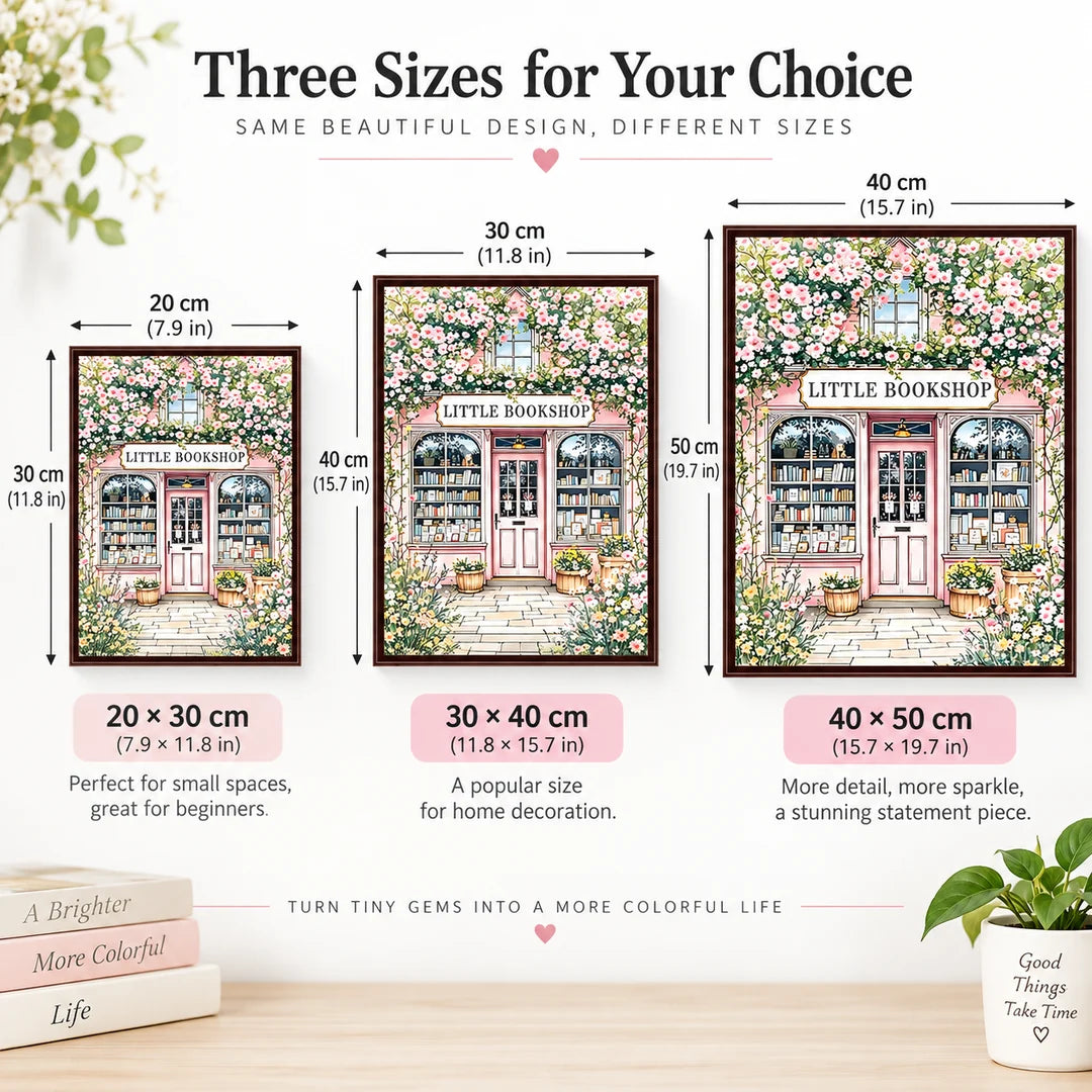 Little bookshop artwork size comparison from 20 by 30 to 40 by 50 cm