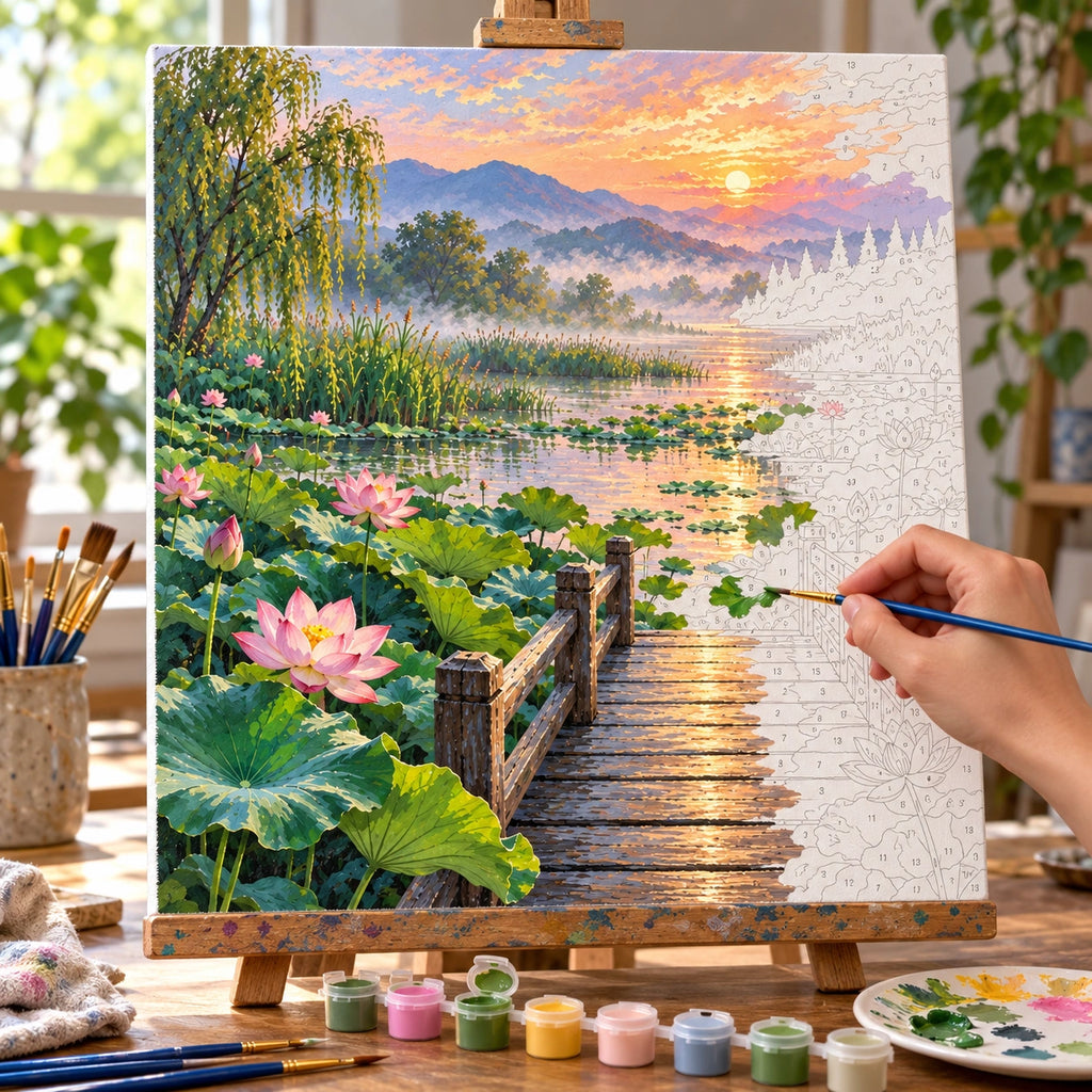 Complete Lotus Pond Morning Mist numbered canvas being painted with acrylic paints and brushes
