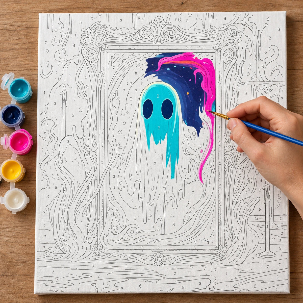 Complete Luminous Phantom Frame numbered canvas being painted with acrylic paints and brushes