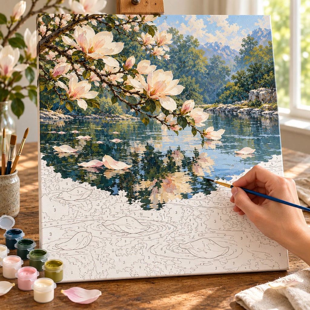 Complete Magnolia Petals on Pond numbered canvas being painted with acrylic paints and brushes