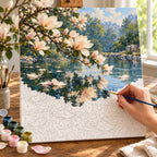 Complete Magnolia Petals on Pond numbered canvas being painted with acrylic paints and brushes