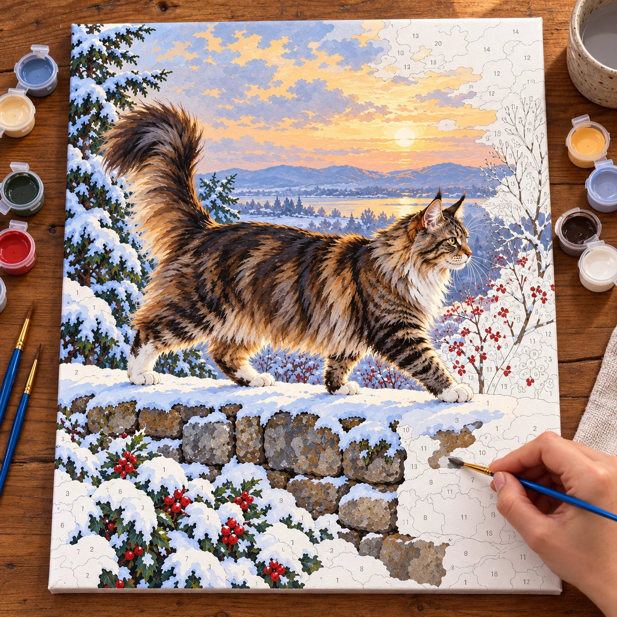 Painting process for Maine Coon by a Snowy Stone Wall paint by numbers kit