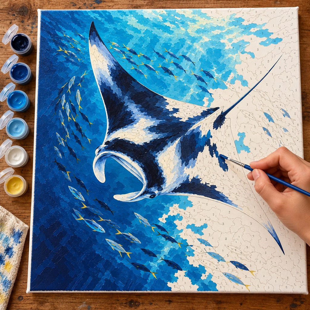 Painting process for Manta Ray in Blue Water paint by numbers kit