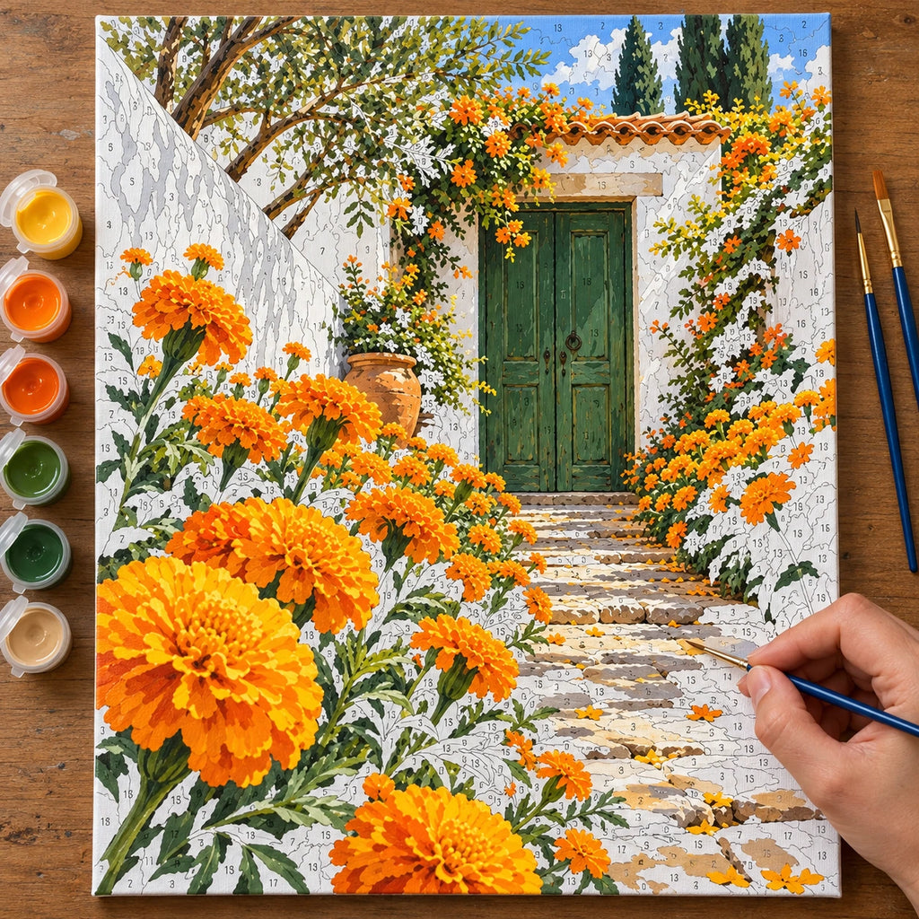 Complete Marigold Courtyard Gate numbered canvas being painted with acrylic paints and brushes.