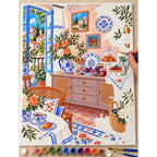 Mediterranean Blue Window Breakfast Room numbered canvas being painted with acrylic paints and brushes.
