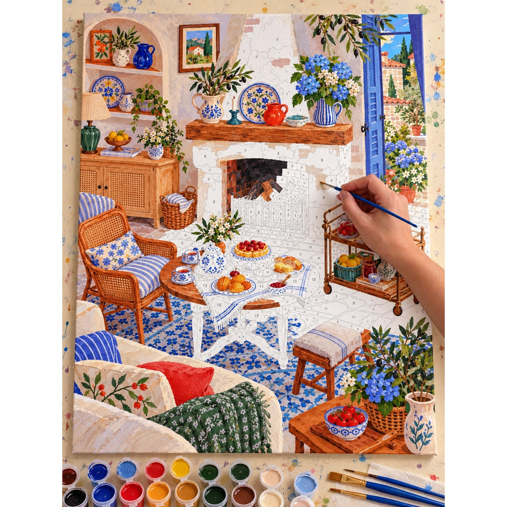 Complete Mediterranean Hydrangea Fireplace and Tea Cart numbered canvas being painted with acrylic paints and brushes