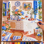 Complete Mediterranean Rose and Hydrangea Sideboard numbered canvas being painted with acrylic paints and brushes