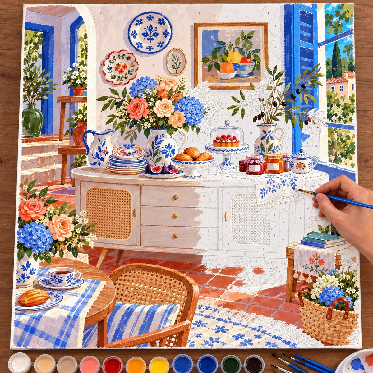 Complete Mediterranean Rose and Hydrangea Sideboard numbered canvas being painted with acrylic paints and brushes