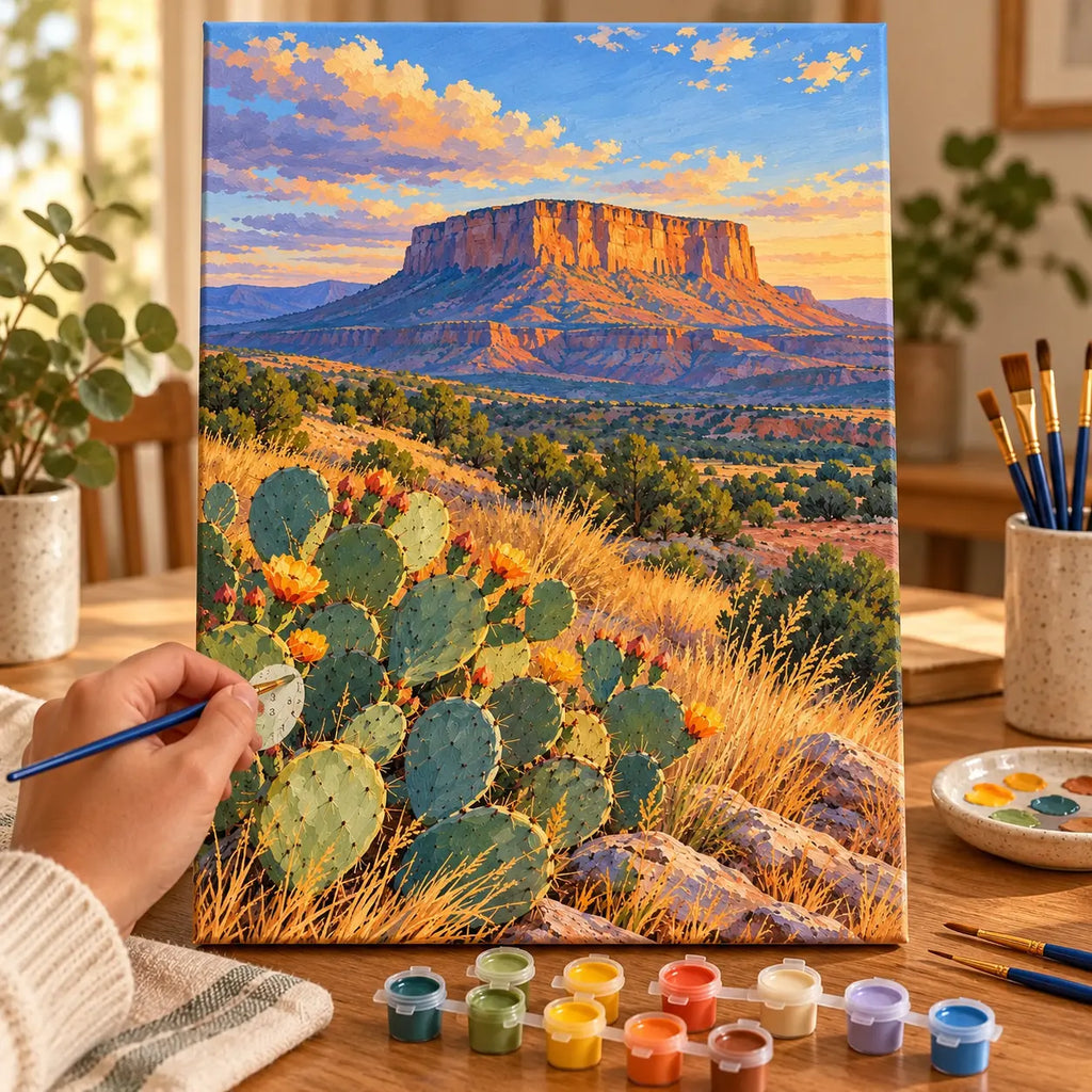 Painting process example for the mesa sunset prickly pear paint by numbers design.