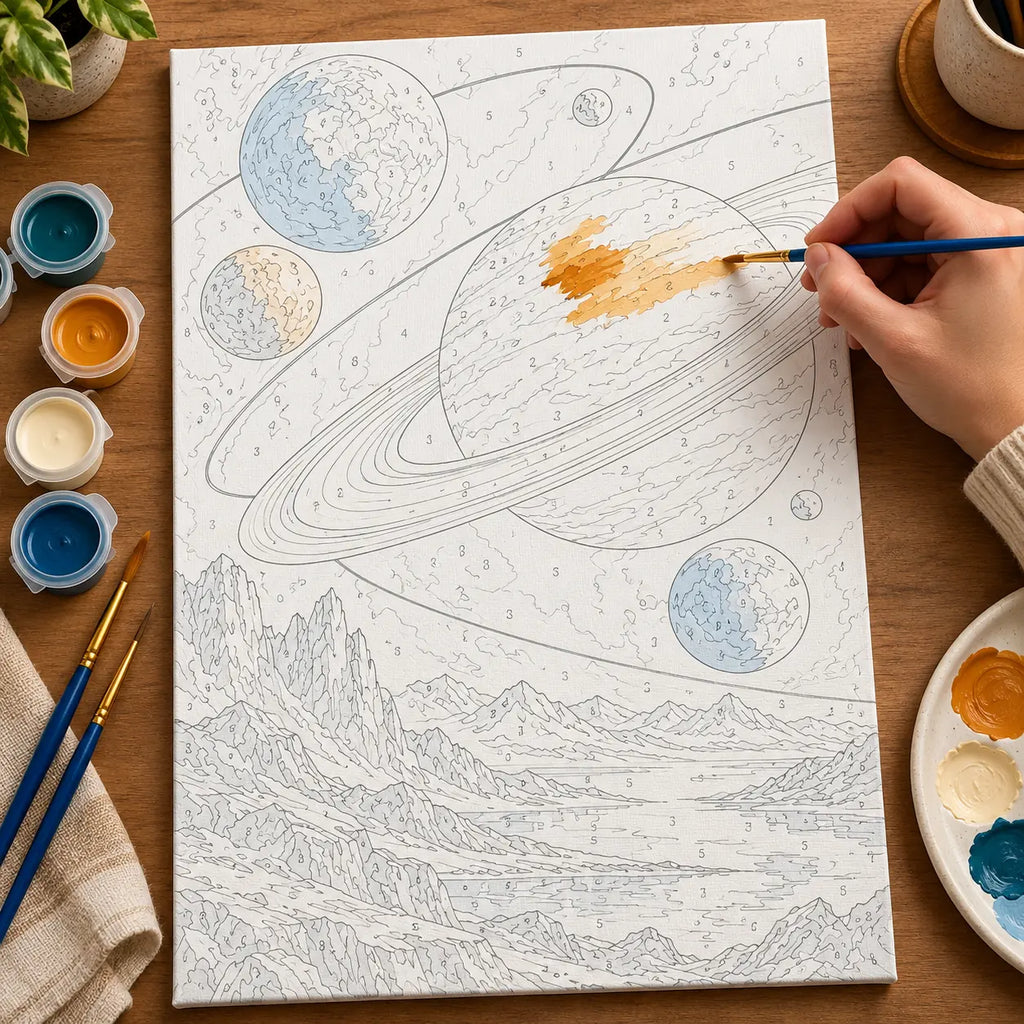 Painting process scene for the Midcentury Orbiting Planets kit, with the complete numbered canvas and painting tools.