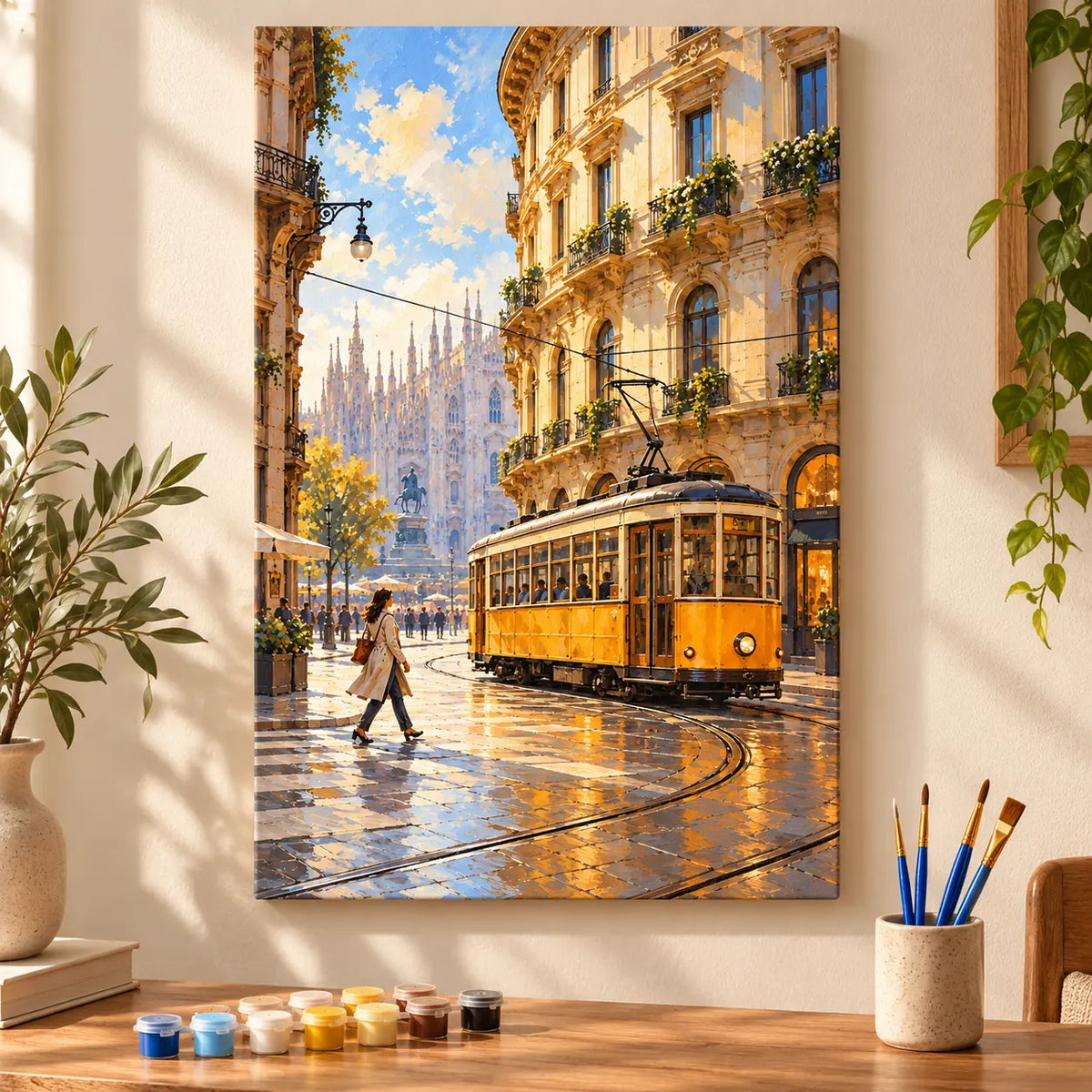 Painting process example for the milan tram corner evening paint by numbers design.