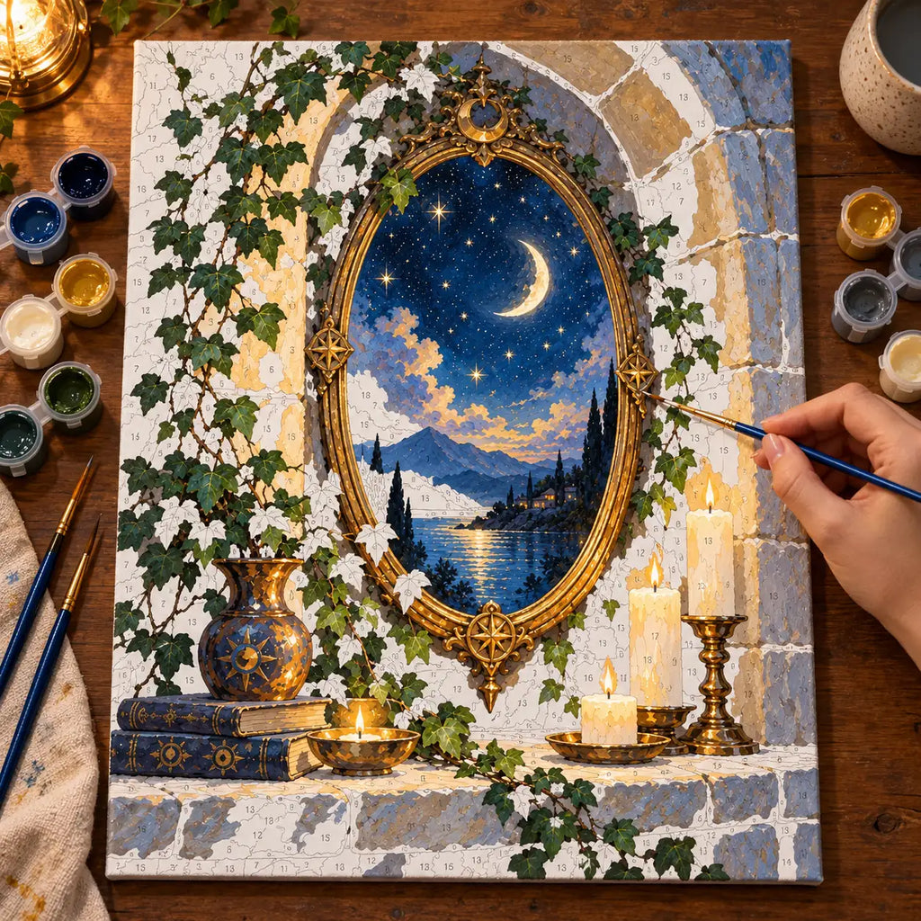 Painting process scene for the Moonlit Mirror to a Crescent Lake kit, showing its complete numbered canvas and painting tools.