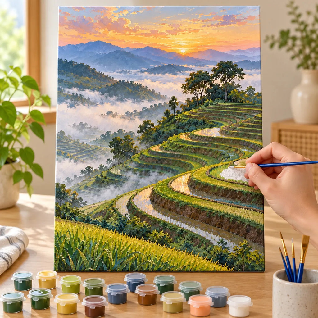 Complete Mist Over Rice Terraces numbered canvas being painted with acrylic paints and brushes