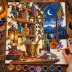 Painting process scene for the Moonlit Apothecary Potion Bottles kit, showing its complete numbered canvas and painting tools.