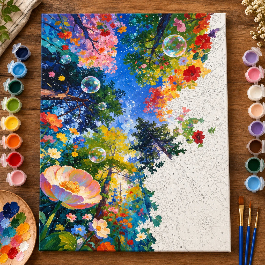 Moonlit Blossom Garden Path numbered canvas being painted with acrylic paints and brushes