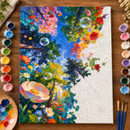 Moonlit Blossom Garden Path numbered canvas being painted with acrylic paints and brushes
