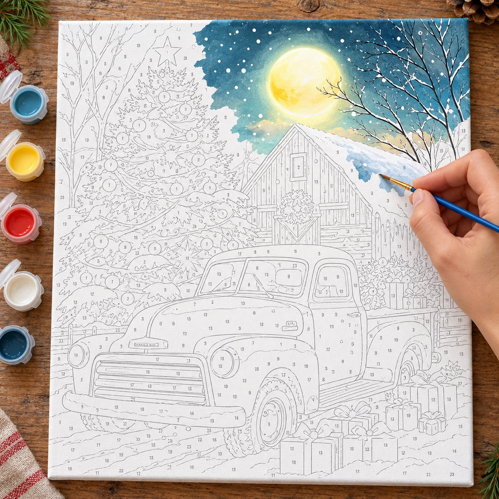 Complete Moonlit Christmas Arrival Red Truck numbered canvas being painted with acrylic paints and brushes
