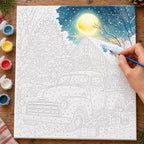 Complete Moonlit Christmas Arrival Red Truck numbered canvas being painted with acrylic paints and brushes