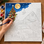 Complete Moonlit Christmas Delivery Red Truck numbered canvas being painted with acrylic paints and brushes