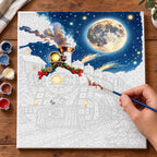 Complete Moonlit Christmas Express Train numbered canvas being painted with acrylic paints and brushes