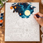 Complete Moonlit Halloween Fair numbered canvas being painted with acrylic paints and brushes