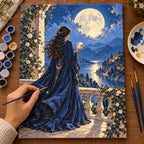 Painting process scene for the Moonlit Oracle Woman with Crystal Ball on Terrace kit, showing its complete numbered canvas and painting tools.