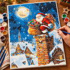 Complete Moonlit Santa Delivery numbered canvas being painted with acrylic paints and brushes