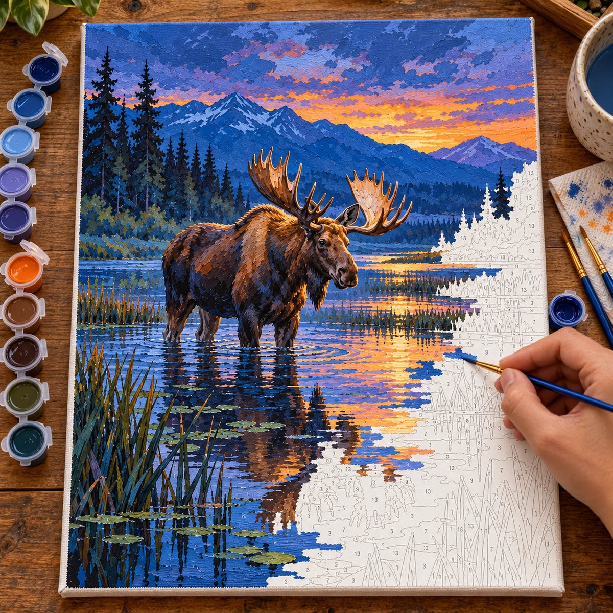 Painting process for Moose in a Wetland at Blue Hour paint by numbers kit