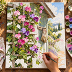Complete Morning Glories Garden Shed numbered canvas being painted with acrylic paints and brushes