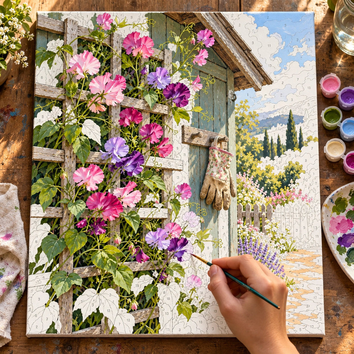 Complete Morning Glories Garden Shed numbered canvas being painted with acrylic paints and brushes