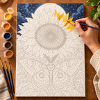 Painting process scene for the Moth Oracle Sunflower Disc kit, with the complete numbered canvas and painting tools.