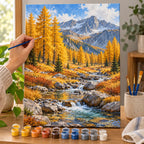 Painting process example for the mountain larch golden season paint by numbers design.