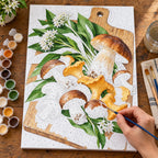 Painting process scene for the Mushrooms Wild Garlic Board kit, with the complete numbered canvas and painting tools.