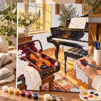 `04-music-practice-room-violin-painting-process.webp` — Painting process scene for the Music Practice Room Violin kit, with the complete numbered canvas and painting tools.