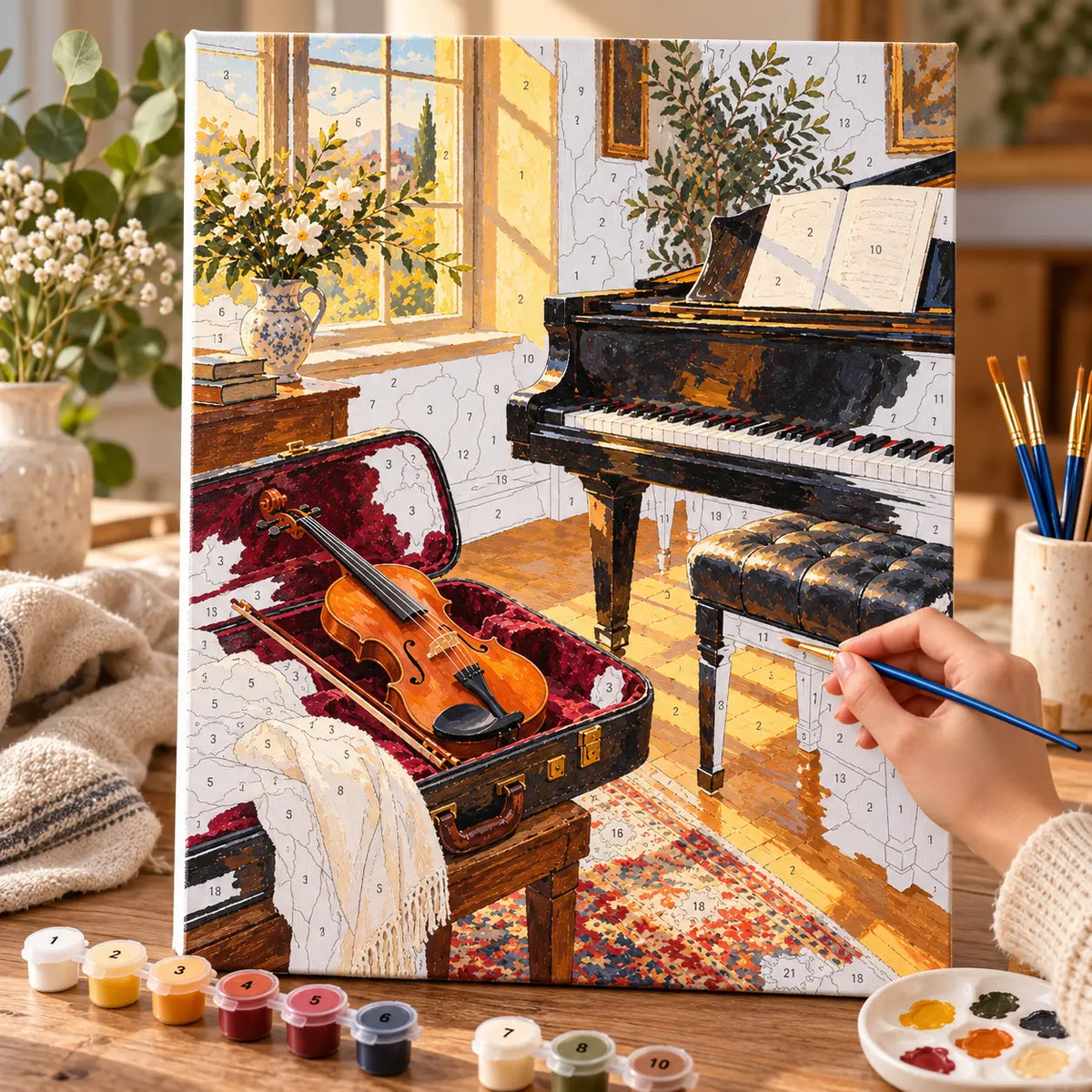 `04-music-practice-room-violin-painting-process.webp` — Painting process scene for the Music Practice Room Violin kit, with the complete numbered canvas and painting tools.