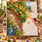 Complete Nasturtiums Brick Wall numbered canvas being painted with acrylic paints and brushes