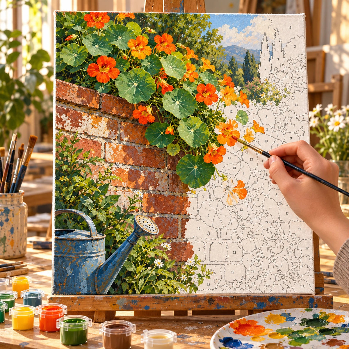 Complete Nasturtiums Brick Wall numbered canvas being painted with acrylic paints and brushes