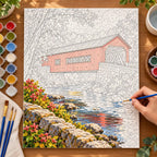`04-new-england-covered-bridge-painting-process.webp` — Full painting process scene for the New England Covered Bridge kit, with the complete numbered canvas and painting tools visible.