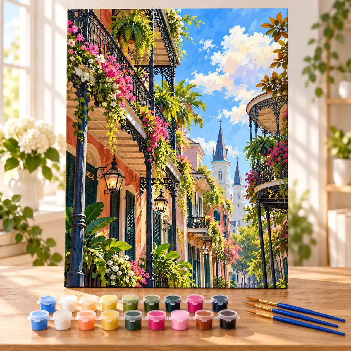 Painting process example for the new orleans iron balcony paint by numbers design.