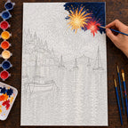 Complete New Year Harbor Fireworks Reflection Paint by Numbers Kit numbered canvas being painted with acrylic paints and brushes.