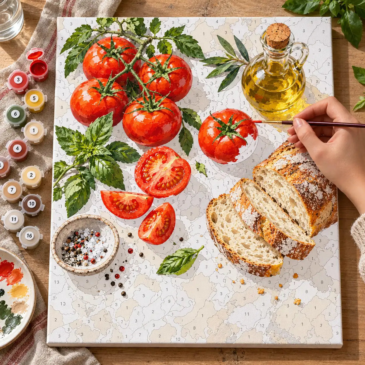 `04-olive-oil-tomato-bread-still-life-painting-process.webp` — Painting process scene for the Olive Oil Tomato Bread Still Life kit, with the complete numbered canvas and painting tools.