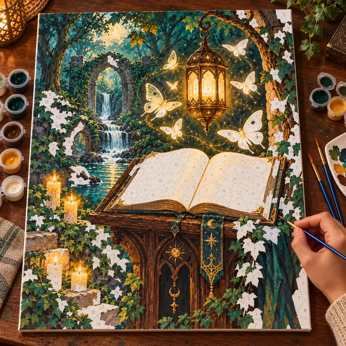 Painting process scene for the Open Spellbook with Butterfly Lantern in Forest kit, showing its complete numbered canvas and painting tools.
