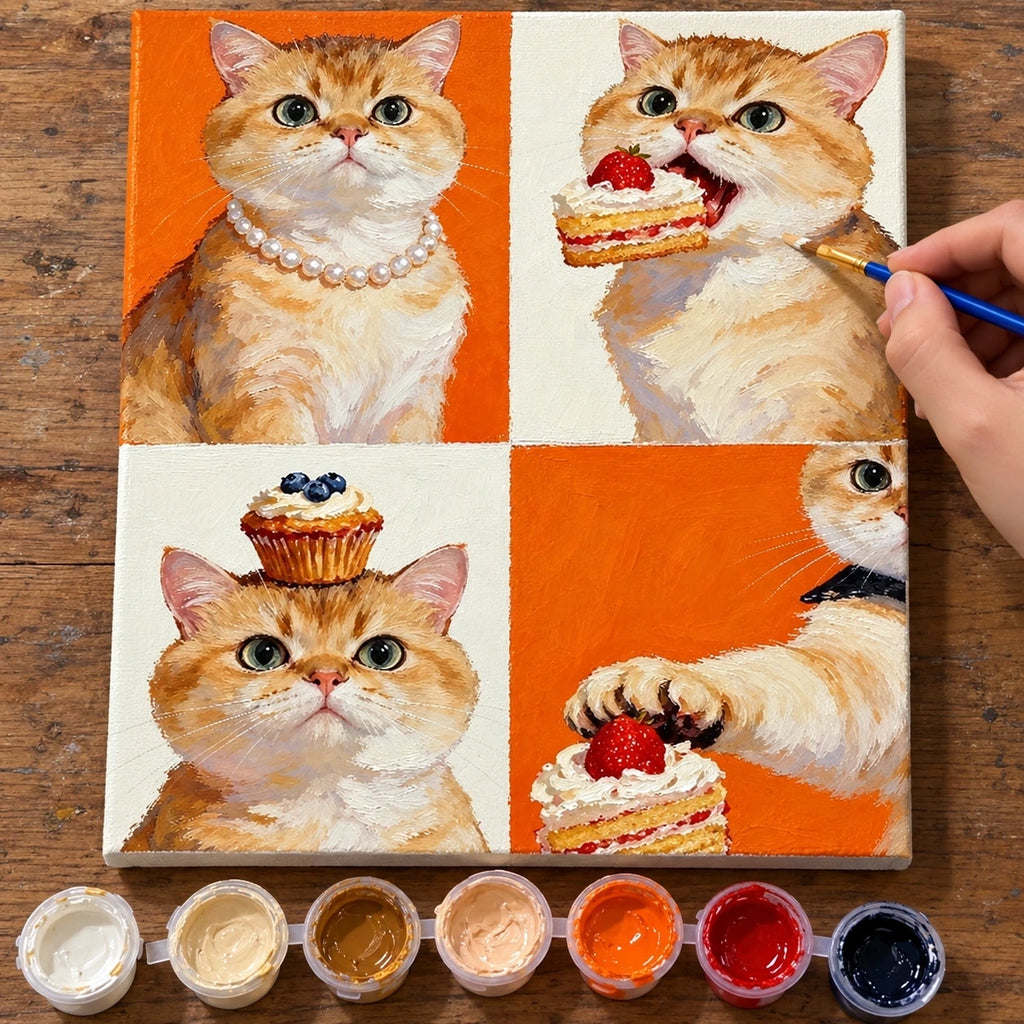 Complete Orange Cat Four Portrait numbered canvas being painted with acrylic paints and brushes