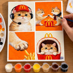 Complete Orange Cat Playful Collage numbered canvas being painted with acrylic paints and brushes