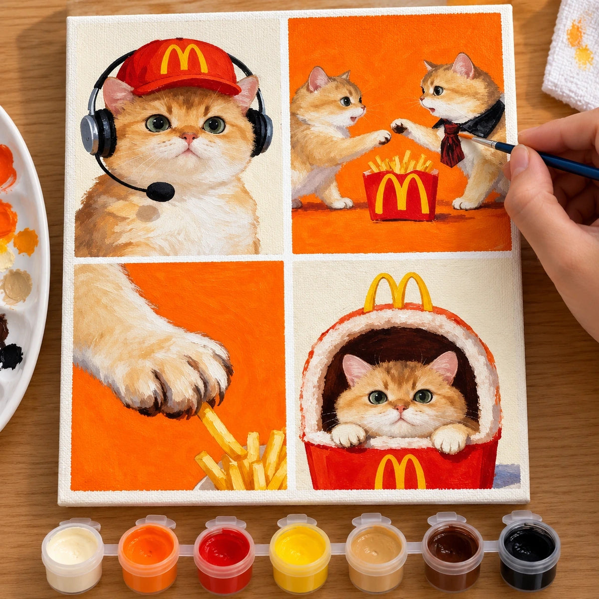 Complete Orange Cat Playful Collage numbered canvas being painted with acrylic paints and brushes
