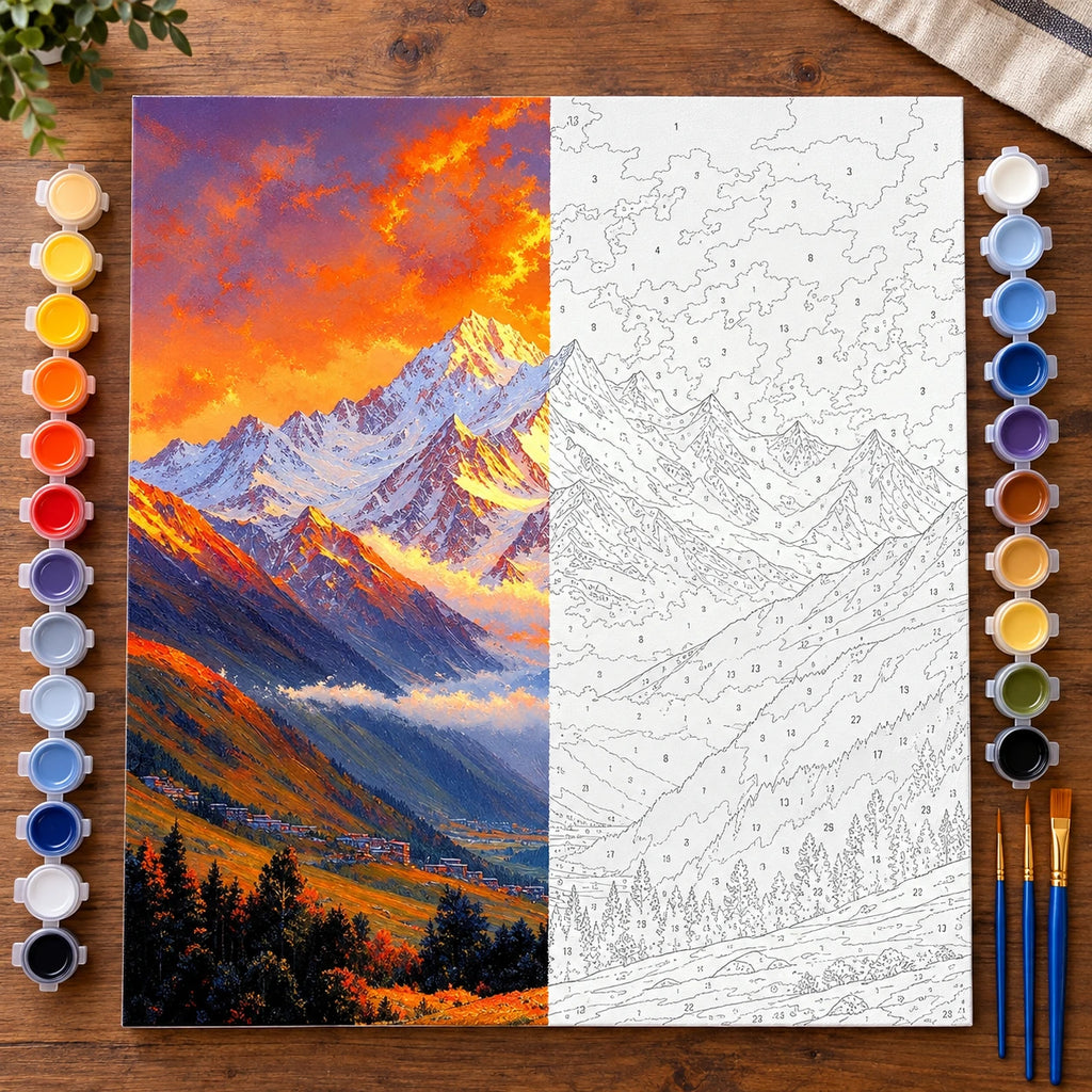 Orange Sky Alpine Mountain numbered canvas being painted with acrylic paints and brushes