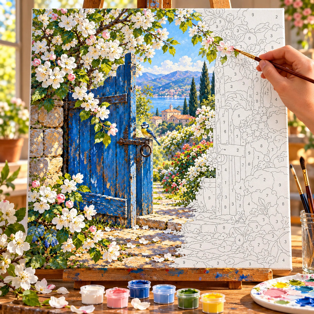 Complete Orchard Blossom Blue Gate numbered canvas being painted with acrylic paints and brushes
