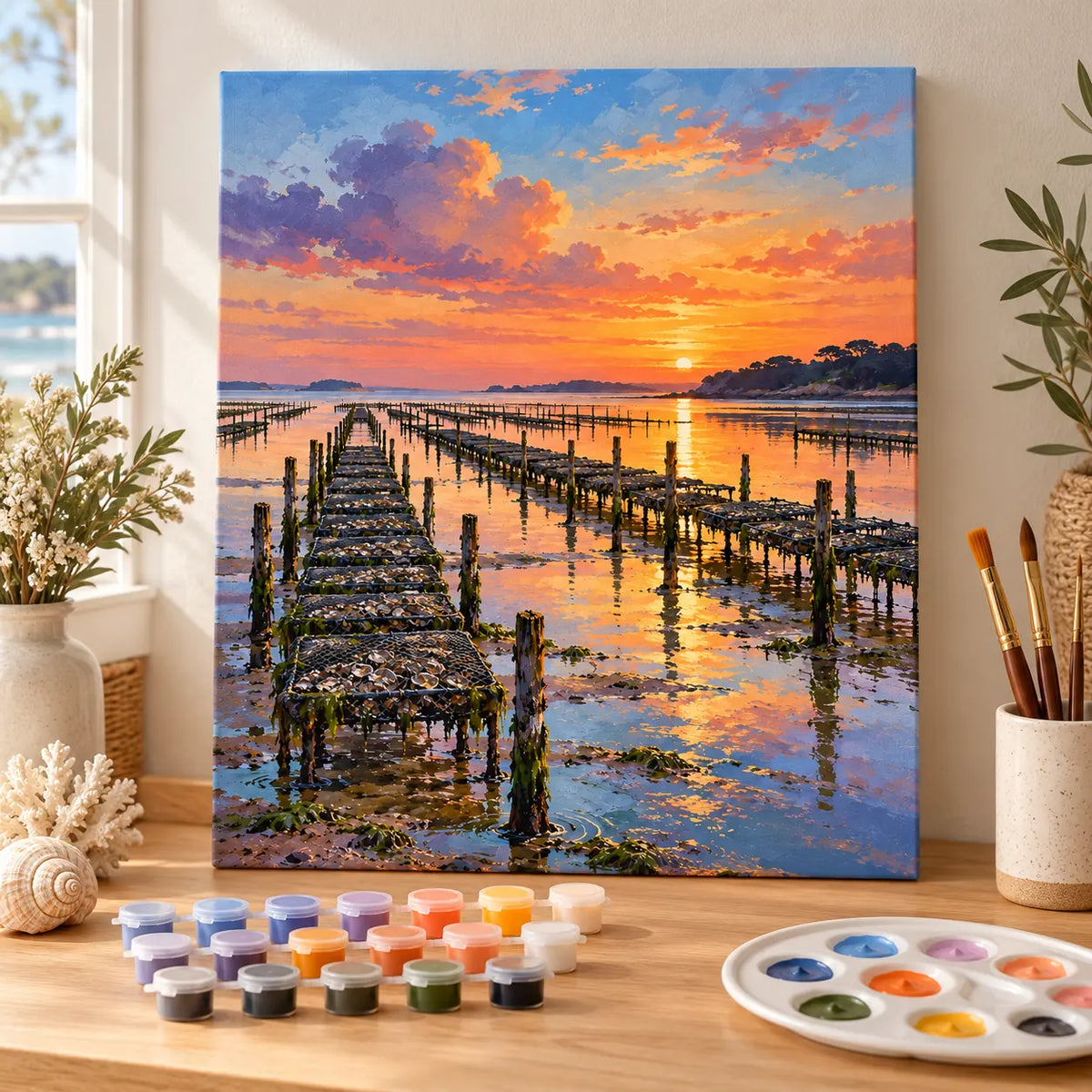 Painting process example for the oyster farm low tide paint by numbers design.