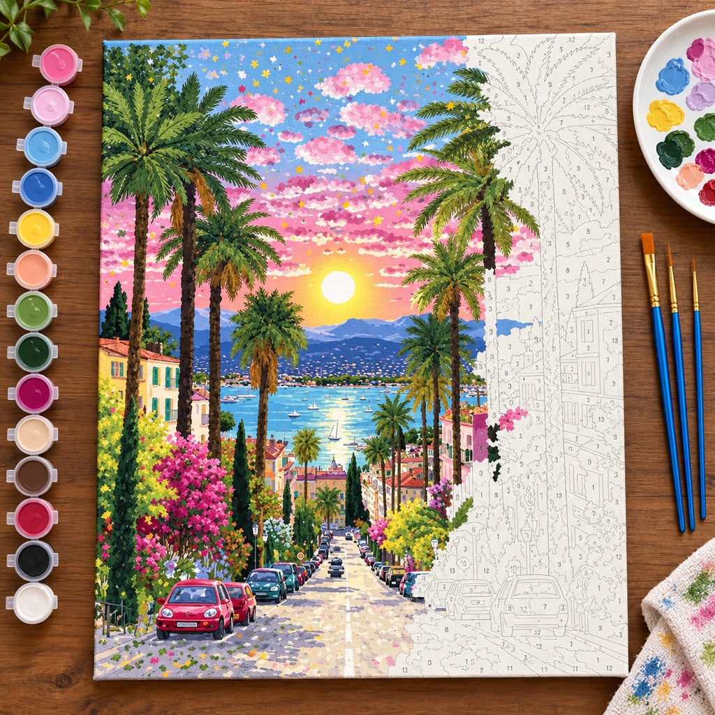 Palm Avenue Sunset by the Sea numbered canvas being painted with acrylic paints and brushes