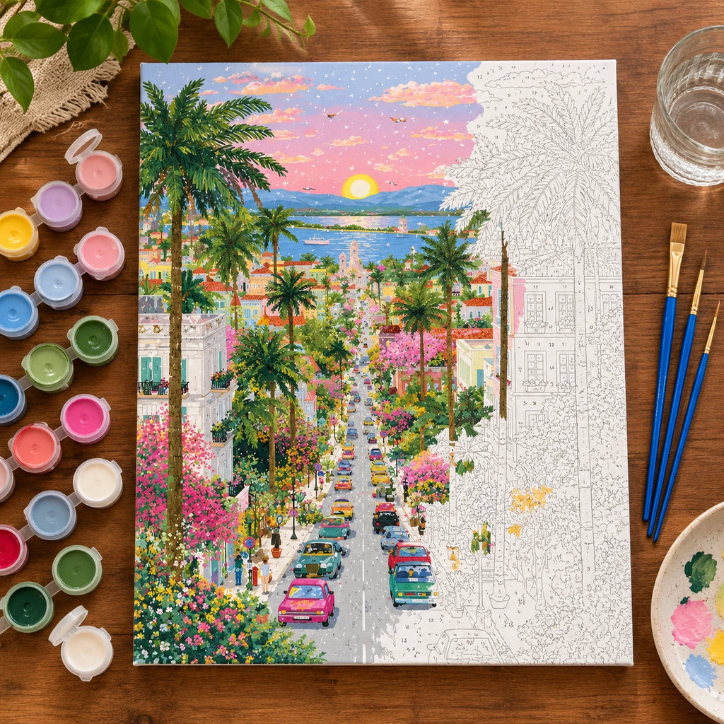 Palm Lined Coastal Town at Sunset numbered canvas being painted with acrylic paints and brushes